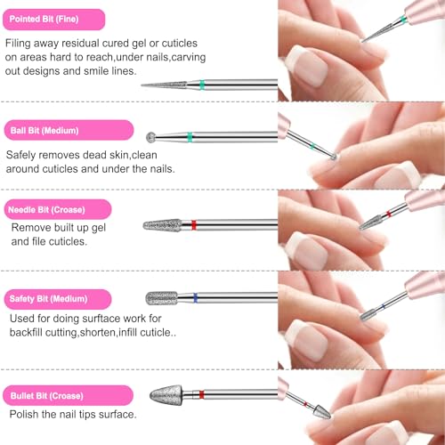 30Pcs Nail Drill Bits Set with Rhinestone Storage Box, 3/32 Inch Ceramic Diamond Carbide Nail Drill Bits for Acrylic Gel Polish, Cuticle Efile Remover for Manicure (Pink)