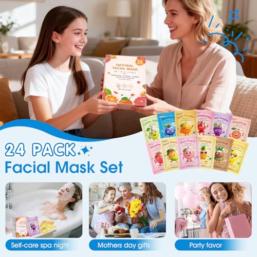 24 Pack Fruit Kids Face Mask, Collagen Hydrating Face Masks Skincare for Teens Girls, Skin Care for Kids, Spa Party Supplies and Bulk Birthday Gifts for Women, Easter Basket Stuffers
