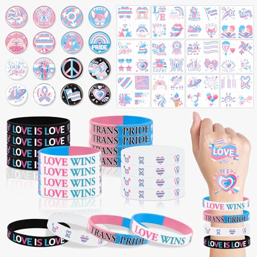 80 Pcs Transgender Pride Accessories,48 Trans Pride Temporary Tattoos 16 Badge Pins Buttons and 16 Silicone Bracelets Wristband Bulk for Trans Pride Month Parade Celebration Party Favors