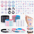 80 Pcs Transgender Pride Accessories,48 Trans Pride Temporary Tattoos 16 Badge Pins Buttons and 16 Silicone Bracelets Wristband Bulk for Trans Pride Month Parade Celebration Party Favors