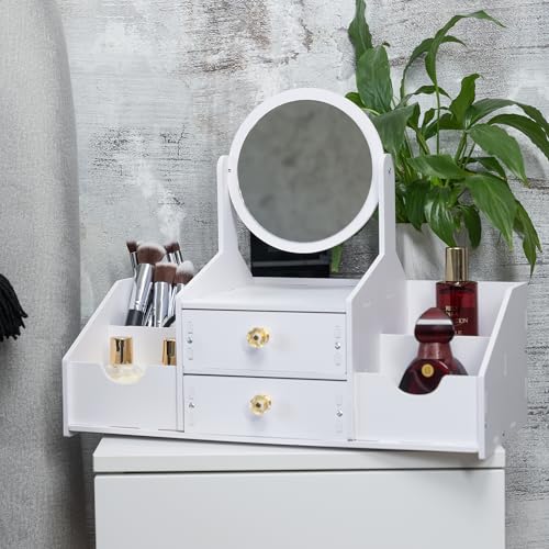 Wooden Makeup Organizer ? Countertop Makeup Organizers with Mirror, Drawers ? Cosmetic Organizer for Brushes, Skincare ? Elegant Make Up Storage Holder for Vanity, Bathroom, Dresser