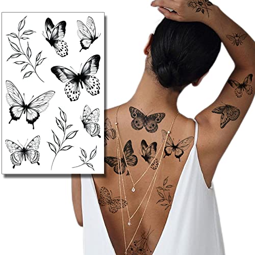 Tazimi 6 sheets large Black Butterfly Temporary Tattoos for Women-flowers butterflies Hummingbird swallow Rose Temporary Tattoos Waterproof Long Lasting Tattoos Stickers Sexy Fake Tattoo for Adults