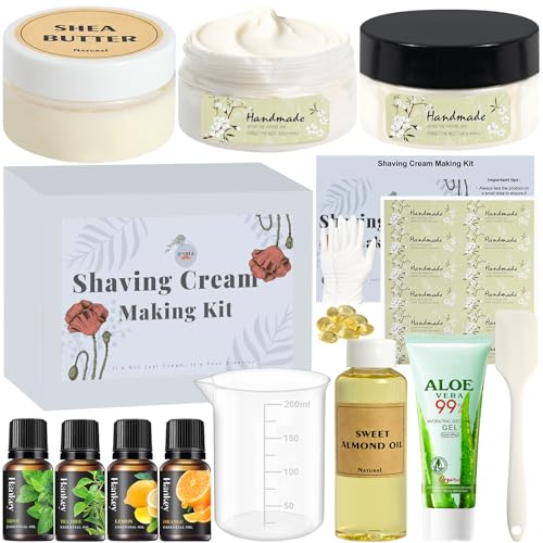 Shaving Cream Making Kit- DIY Natural Shave Cream for Mens, Sensitive Hair Removal Cream with Shea Butter, Sweet Almond Oil, Smooth & Silky Shaving Soap Christmas Gifts for Men, Boyfriend