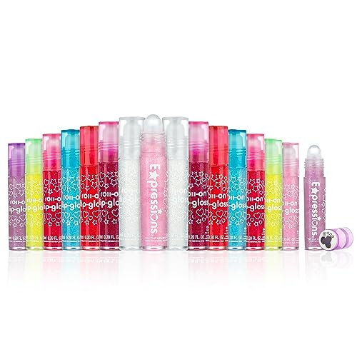 EXPRESSIONS 16pc Roller-Ball Glitter Lip Gloss Set, 8 Assorted Fruit Flavored Roll On Rollerball Lip Gloss for Kids, Safe, Non Toxic Kids Makeup Set