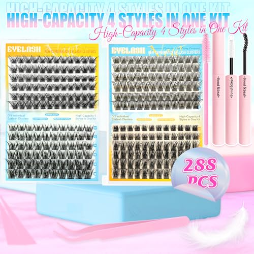 DIY Lash Clusters Extension Kit, 288pcs Natural Wispy Eyelash Clusters with Glue Tools for Home Application, 10-18mm D Curl Complete Starter Kit for Beginners