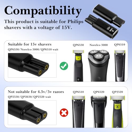 Linkidea 2 Pack 15V Type-C Shaver Adapter, O Blade Charging Converter Head, USB-C Razor Charger Converter Fit for Electric Trimmer HQ8505 7000 5000 3000 Series, QP6520 QP6530 QP6510 (Black), RAC39-04