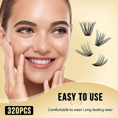 QUEWEL Lash Clusters 320Pcs Cluster Lashes 35D+45D D Curl Lash Cluster Eyelash Extensions Mix9-16mm Individual Eyelashes Clusters Wispy Lash Clusters Thin Band Soft to Use at Home(35D+45D D Mix9-16)