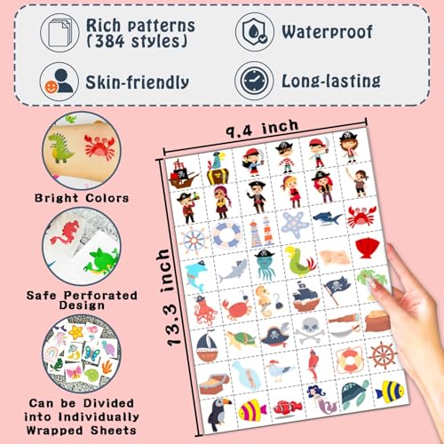 Partywind 384 Mixed Styles Temporary Tattoos for Kids, Cute Tattoo Stickers as Birthday Surprise Boys and Girls, Party Supplies Favors with Dinosaur/Mermaid/Pirate and More (8 Sheets)