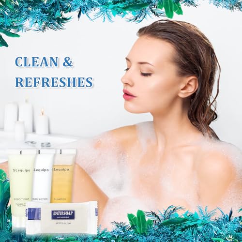 4-IN-1 Hotel Toiletries Bulk Set (200PCS) 4-Piece Set: 50 Hotel Bar Soap 0.5oz, 50 Hotel Shampoo, 50 Conditioner Travel Size, 50 Hotel Body Lotion - Bulk Mini Guest Amenities