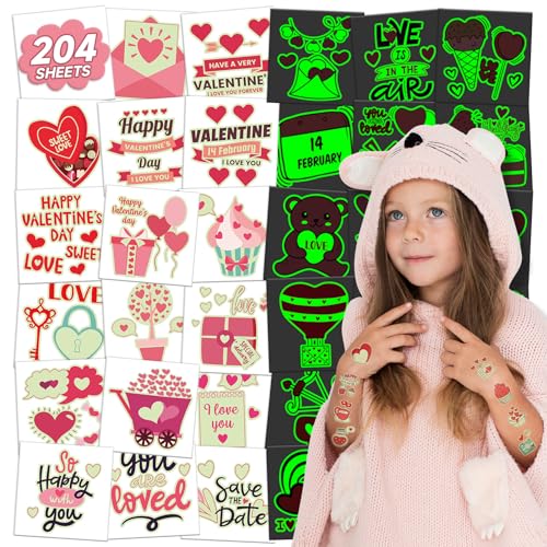 EMOME 204 PCS Individually Wrapped Valentine Luminous Temporary Tattoo Kids, Glow Kiss Heart Tattoos Stickers for Women Kids, Valentine Accessories Decorations Party Favors Supplies