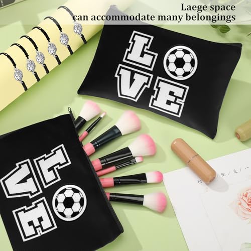 Sweetude 24 Pcs Soccer Gifts Bulk 12 Adjustable Bracelets and 12 Makeup Bags Soccer Accessories Gift Bag Stuffers for Team Players Travel Charms Birthday Party Favors Supplies Prize(Black)