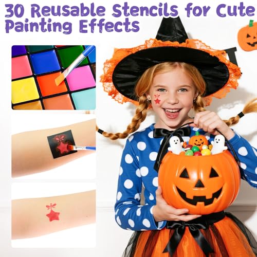 Face Painting Kit for Kids, 18 Colors Water Activated Face Paint with Brushes & Stencils, Non-Toxic Halloween Makeup Kit, Professional Face Body Paint for Halloween, Parties, Carnival, School Events