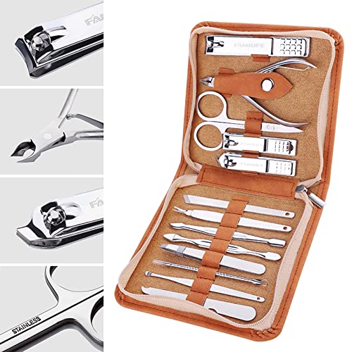 FAMILIFE F03 Manicure Set, Pedicure Kit Nail Clipper Set 13pcs Professional Men Grooming Kit and 11 in 1 Stainless Steel Pedicure Tools Kit Grooming Kit with Portable Brown Leather Travel Case