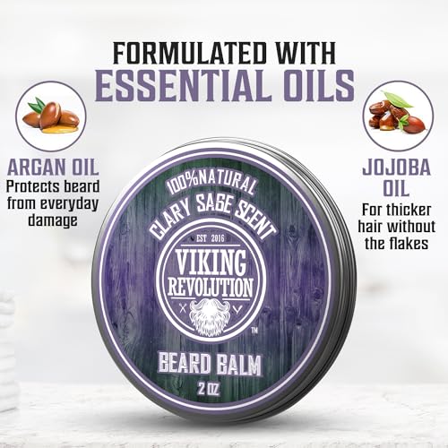 Viking Revolution Clary Sage Beard Balm for Men and Clary Sage Beard Oil Bundle - With Argan and Jojoba Oils - Soften and Moisturize your Beard