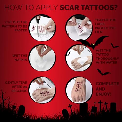 60 Sheet Halloween Zombie Scars Tattoo Stickers - Fake Scab Blood Special Fx Costume Makeup Props for Masquerade Party Prank Decorations