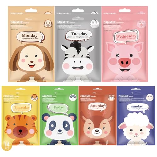 Erinde 14 Pack Animal Character Face Masks Skincare, Spa Masks Sheet for All Skin Types, Face Mask, Spa Gifts, Birthday Party Gifts, Girls' Night, Skincare Party, Facial Masks for Kids Teens Skin Care
