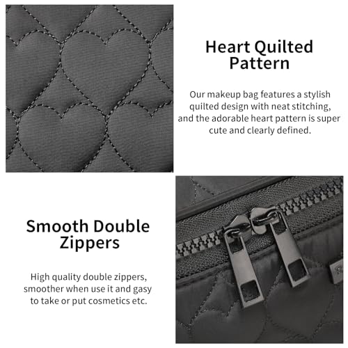 RIGHT AWAY Makeup Bag,Large Cosmetic Bags for Women Girls, Quilted Train Case Make Up Bag with Handle,Travel Makeup Case Organizer,Cute Toiletry Bag Vanity Bag (Black)
