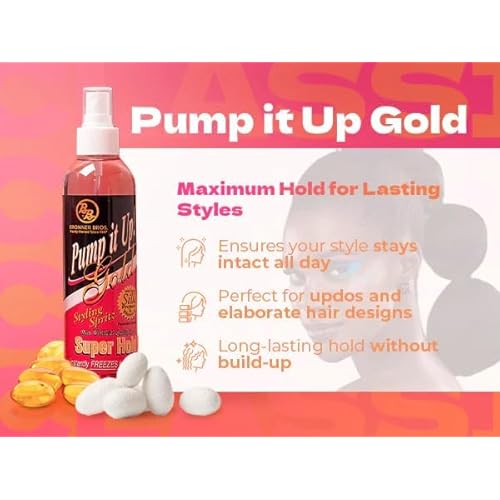 Bronner Bros Pump It Up Styling Spritz Gold 80% ? Fast-Dry Hair Spray Extra Hold with Vitamin B5 & Silk Protein - Maximum Hold Finishing Spritz Hairspray, Adds Shine, Nourishes, No Build-up - 8oz