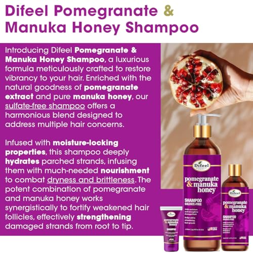Difeel Pomegranate & Manuka Honey Shampoo & Conditioner 5-PC Set - Includes 33.8oz Shampoo, 33.8oz Conditioner, 8oz Leave in Spray, 8oz Hair Oil & 2.5oz Root Stimulator