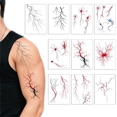 10 Sheets Temporary Tattoos Lightning Sick Wound Arm Fake Bloody Stitch Scab Sticker Masquerade Prank Makeup Props DIY Art for Women Men Adults Holiday party