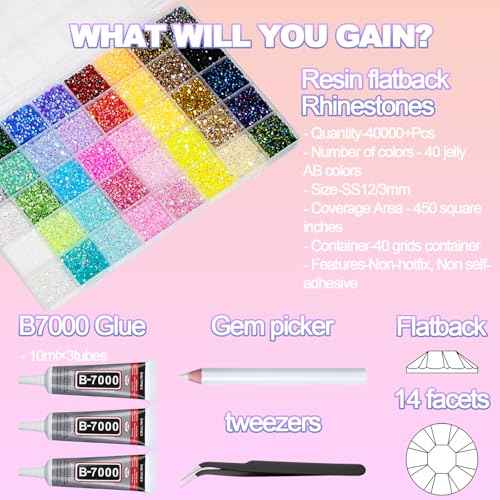 40000+Pcs Resin Jelly Rhinestones for Bedazzling, 3mm Multicolor Flat Back Gems Bedazzler Kit with 3Pcs 10ml B7000 Jewelry Glue, Colorful Bulk Jewels for Book Shoes Crafts Tumblers Nail Art DIY