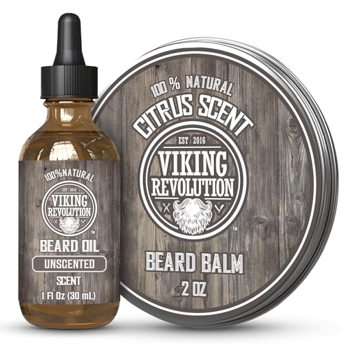 Viking Revolution Citrus Beard Balm for Men and Unscented Beard Oil Bundle - With Argan and Jojoba Oils - Soften and Moisturize your Beard