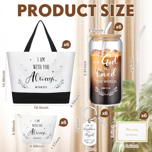 Abbylike 6 Sets/30 Pcs Christian Gifts for Women Religious Gifts Bulk 16oz Bible Glass Cup Canvas Bag Cosmetic Bag Keychain Greeting Card for Bible Study Group Church Pastor Party Coworker