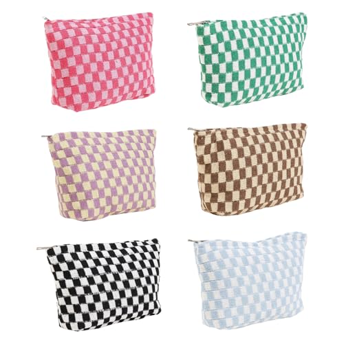 6 Pcs Checkered Makeup Bags Make up Bag Cosmetic Bags for Women Girls Sister Mom Teacher Graduation Christmas Birthday Travel Toiletry Bag Aesthetic Zipper Organizer Accessories, Cute Retro Plaid