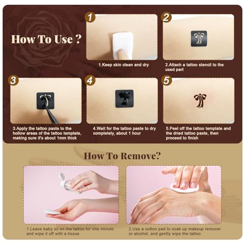 95 PCS Temporary Tattoos Stencils Kit,Temporary Tattoos Kit - 6 Pcs 3 Color(black*1,brown*4 & Red*1) Ink with 6 removal wipes,10 disposable cotton swabs DIY Body Art Painting for Women Men Adults