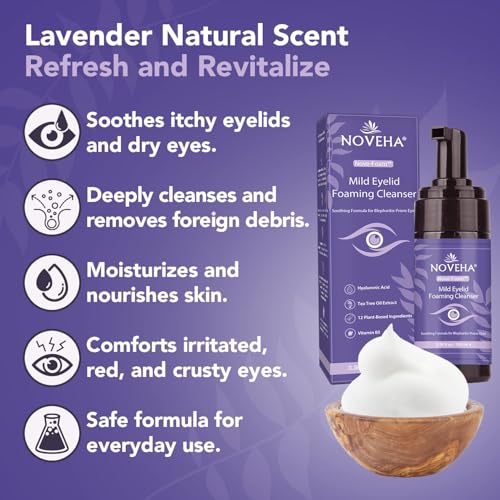 NOVEHA Lavender and Tea Tree Oil Eyelid Foaming Cleanser | Hydrating Hypoallergenic Daily Soap For Eyelashes and Lids, For Demodex, MGD, Stye Eye, Eye Irritations & Dry Skin | 3.38 fl oz (3PK - 100ml)