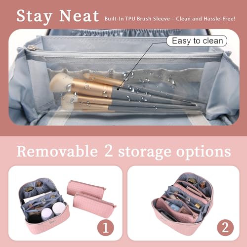 BOYATU Travel Makeup Bag Cosmetic Bags for Women: Large Capacity 3 Pcs Set Make up Bag with Compartments - Waterproof Vegan Leather Toiletry Organizer Bags with Handle (L17 Pink)