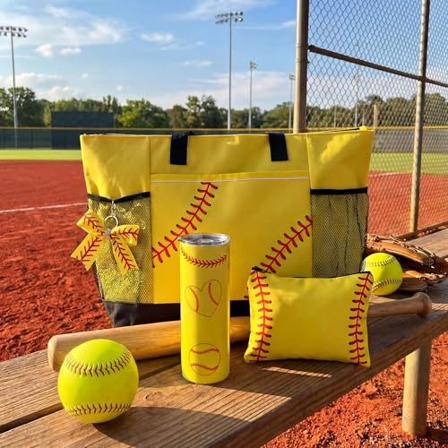 Patelai 4 Pcs Softball Gifts Set Softball Basket Stuffed Including Tote Bag 20 oz Tumbler Makeup Bag Keychain(Yellow)