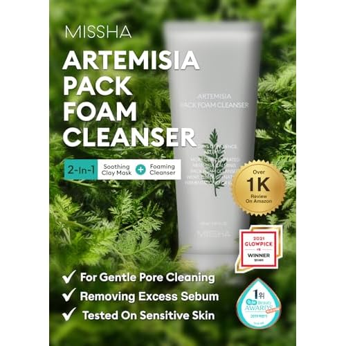 MISSHA Artemisia Pack Foam Cleanser 5.07 Fl oz/ 150ml, 2-in-1 Korean Facial Cleanser & Clay Mask with Double-Fermented Mugwort Extract, Soothes Sensitive Skin