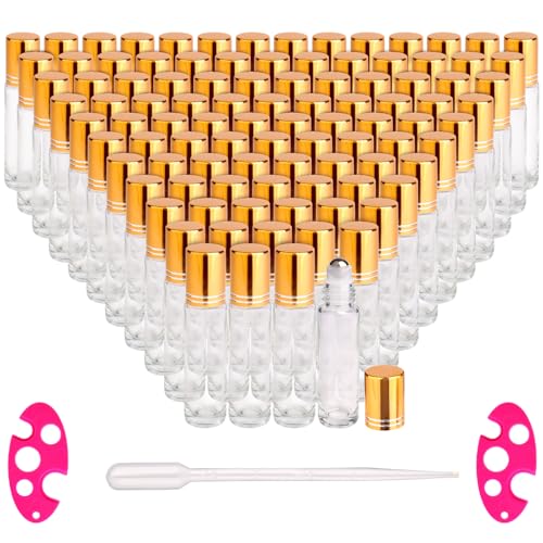 inice 100 Pack,10ml Roller Bottles for Essential Oils Applicator Clear Glass Bottles Stainless Steel Roll On Ball for Daily Care