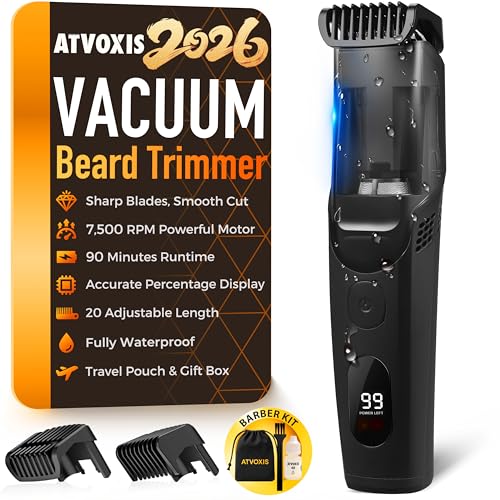 Vacuum Beard Trimmer for Men Rechargeable, IPX6 Waterproof Mustache Trimmer with Adjustable Length Combs (1/25¡¯¡¯-4/5¡¯¡¯), Men¡¯s Electric Stubble Trimmer, Cordless with Built-in Vacuum (Black)