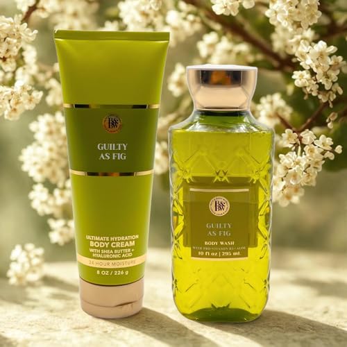 Bath & Body Works GUILTY AS FIG Body Wash & Ultimate Hydration Body Cream 2-piece Gift Set with a Red Bow for Holidays ? Full Size