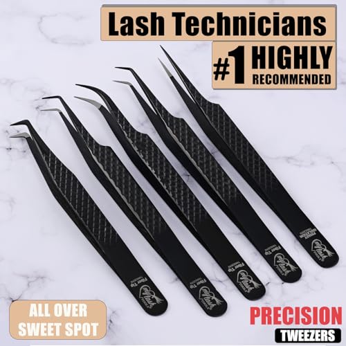 Fiber Tip Lash Tweezers Set for Eyelash Extensions ? Curved Classic, Mega 90 Degree Boot, 45 Degree Angle & Isolation Tweezer, Stainless Steel Precision, Non Slip Professional Application Kit