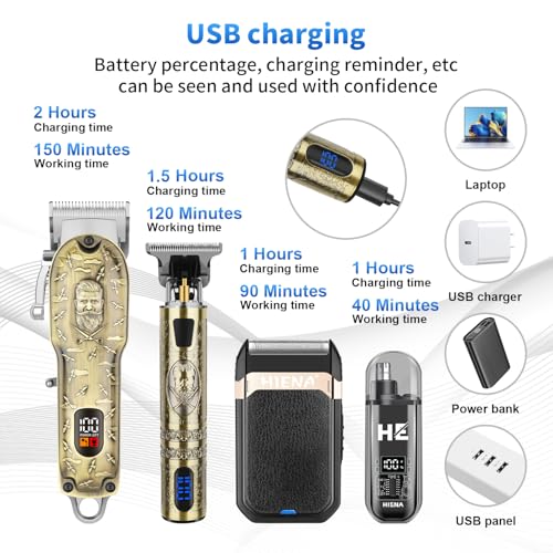 HIENA PRO Hair Clippers for Men Professional, Cordless Barber Clipper and T-Blade Beard/Hair Trimmer Set, Electric Razor Foil Shaver Nose Trimmer Barber Kit, Men's Hair Cutting Kit