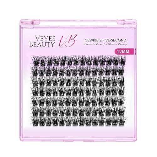 VEYESBEAUTY Lash Clusters Individual Eyelash Extensions Thin & Invisible Band DIY False Eyelashes for Self-application Newbie's Five-Second Series Wispy Lash Tray, Dreamy 12mm Single Length