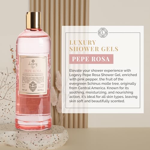 Logevy Pepe Rosa Shower Gel ? Indulgent Pink Pepper Aroma Made from the Best Skin-Friendly Ingredients, Rich in Nutritional Properties for Rejuvenating, Hydrating, and Soothing Action ? 500ml