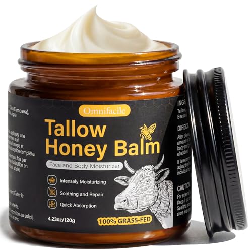 Beef Tallow Honey Balm for Skin,Face,Body - Handmade Whipped Cream Face Moisturizer with 100% Grass-Fed Beef Tallow & Raw Honey,Narural Organic Body lotion for Men&Women,Unscented,4.23OZ