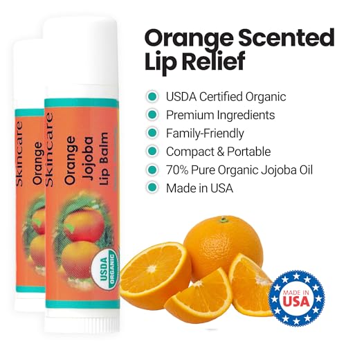 | USDA Organic Orange Lip Balm ? 70% Jojoba Oil with Beeswax ? Natural Orange Essential Oil ? Nourishes & Softens Dry Lips ? 2-Pack (0.15 oz / 4.6 g Each)
