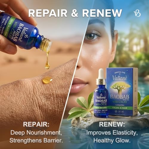BAOBAB OIL + CACAY for HAIR & FACE Premium Enriched Blend - Hair Oil & Beard Oil - Facial Serum - Cold-Pressed Lightweight Fast-Absorbing, 100% NATURAL - for Body Neck D?collet? Nails -1 fl oz Valian?
