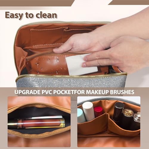 Large Capacity Travel Cosmetic Bag - Portable Makeup Bags for Women Waterproof Makeup Organizer Bags with Dividers and Handle,Toiletry Bag for Cosmetics Silver