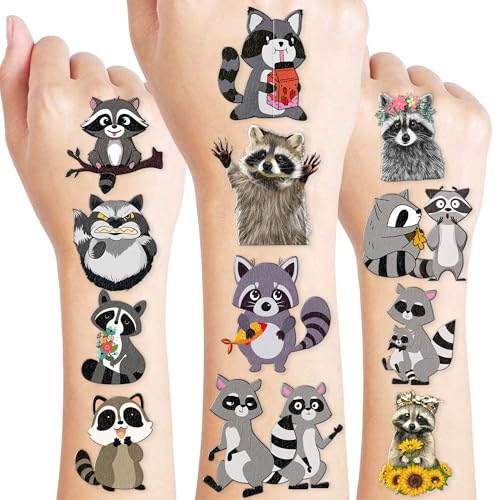 96PCS Cute Funny Raccoon Pre-Cut Temporary Tattoos Themed Birthday Party Decorations Supplies Favors Decor Woodland Wildlife Animals Tattoo Stickers Gifts For Kids Adults Boys Girls School Carnival
