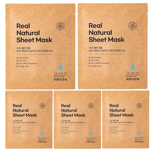 varuza] Real Natural Sheet Mask ? EWG VERIFIED, Vegan Face Mask for Hydration, Non-GMO, No Artificial Fragrance, Made in Korea (5 PACK, BLUE AMPOULE)