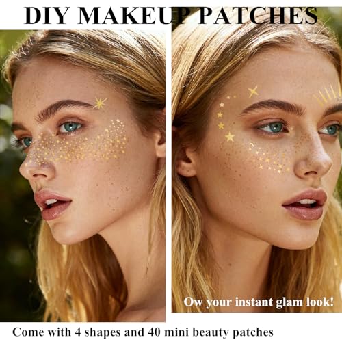 20PCS Glitter Freckles Face Tattoos Sparkle Freckle Makeup Patches Gold Temporary Face Tattoos Long Lasting Glitter Freckles for Women