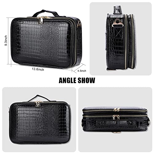 JOURMON Travel Makeup Train Case,Large Capacity Cosmetic Bags for Women,Portable Makeup Bag Organizer with Adjustable Dividers & Shoulder Strap (Crocodile Pattern Black,Medium)