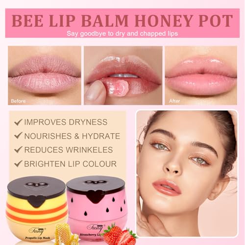 3 Pcs Bee Balm,Honey Strawberry Watermelon Bee Lip Balm Honey Pot,Moisturizing Lip Mask Overnight,Hydrate Repair Prevent Dry Cracked Lip Care (Honey+Strawberry+Watermelon)