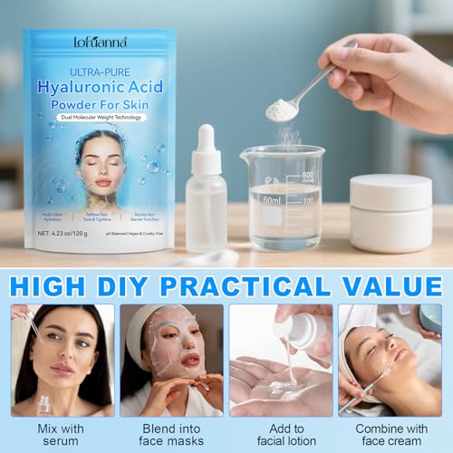 Hyaluronic Acid Powder 100% Pure, Hyaluronic Acid Serum Powder for Skin & Face, Dual Molecular Weight, Deep Hydration & Anti-Aging, DIY Serum Ingredient, Vegan Fragrance-Free(4.23oz/120g)